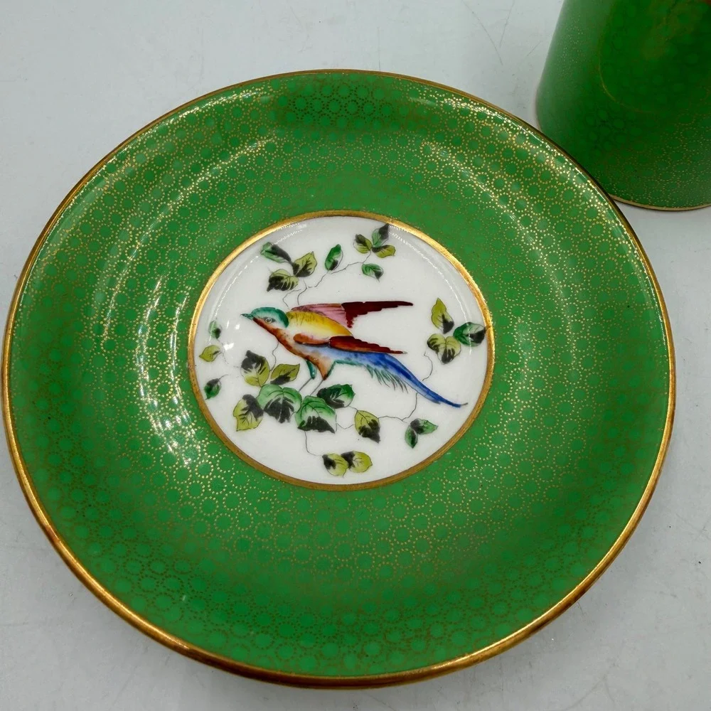 Rare Hammersley T Goode London Bone China Demitasse Cup Saucer Green Gold Bird